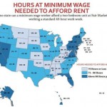 A map of the USA, coloured by the number of hours you have to work minimum wage to earn a living