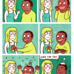 A cartoon in which someone is rewarded lavishly merely for saying "I don't have a problem with queers"