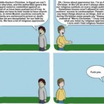 A 4-panel comic contrasting two very different views of what "religious persecution" looks like: one from the PoV of a Christian from the Middle East where religious celebration is punished with violence, and another from North America where minor inconveniences are elevated to the status of "persecution". In the final panel, the Middle Eastern Christian tells the North American Christian to go fuck himself.