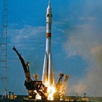 A Soyuz-U rocket launching the Soyuz 19 mission, part of the Apollo-Soyuz Test Project circa 1974