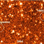 These two infrared images were taken by the Spitzer Space Telescope in 2004 and 2009. They show a faint object moving through space together with a white dwarf. The brown dwarf, named WD 0806-661 B, is the coldest companion object to be directly imaged outside our solar system. Credit: Kevin Luhman, Penn State University, October 2011