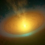 This artist's concept illustrates an icy planet-forming disk around a young star called TW Hydrae, located about 175 light-years away in the Hydra, or Sea Serpent, constellation. Courtesy NASA/HSO