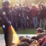 In this image made from video, a police officer uses pepper spray as he walks down a line of Occupy demonstrators sitting on the ground at the University of California, Davis on Friday, Nov. 18, 2011. The video - posted on YouTube - was shot Friday as police moved in on more than a dozen tents erected on campus and arrested 10 people, nine of them students. Photo: Thomas K. Fowler / AP