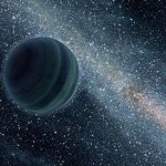 Artist's conception of a Jupiter-size rogue planet with the edge on disk of a spiral galaxy in the background. Image via the Wiki