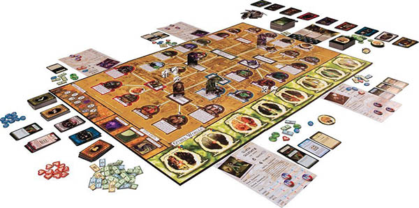 Photo of Arkham Horror. There are about 20 piles of cards and 5 piles of tokens, and each player has a bunch of different resources.