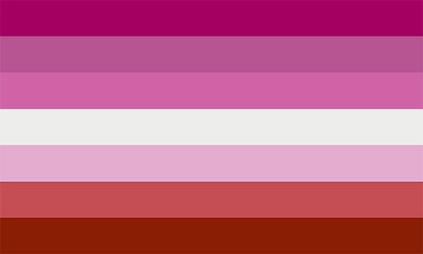 flag with seven horizontal stripes. The middle one is white and the other six are shades of pink.