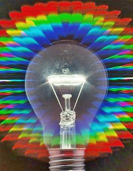 Lightbulb as seen through a diffraction grating. A rainbow ring appears around it.