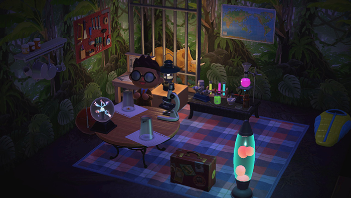 Room decorated as a lab in a dark jungle.  There are glowing tubes, a lightning ball, and a triceratops in a cage.