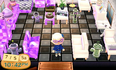 room with white furniture on one half, and purple furniture on the other half, nearly mirrored