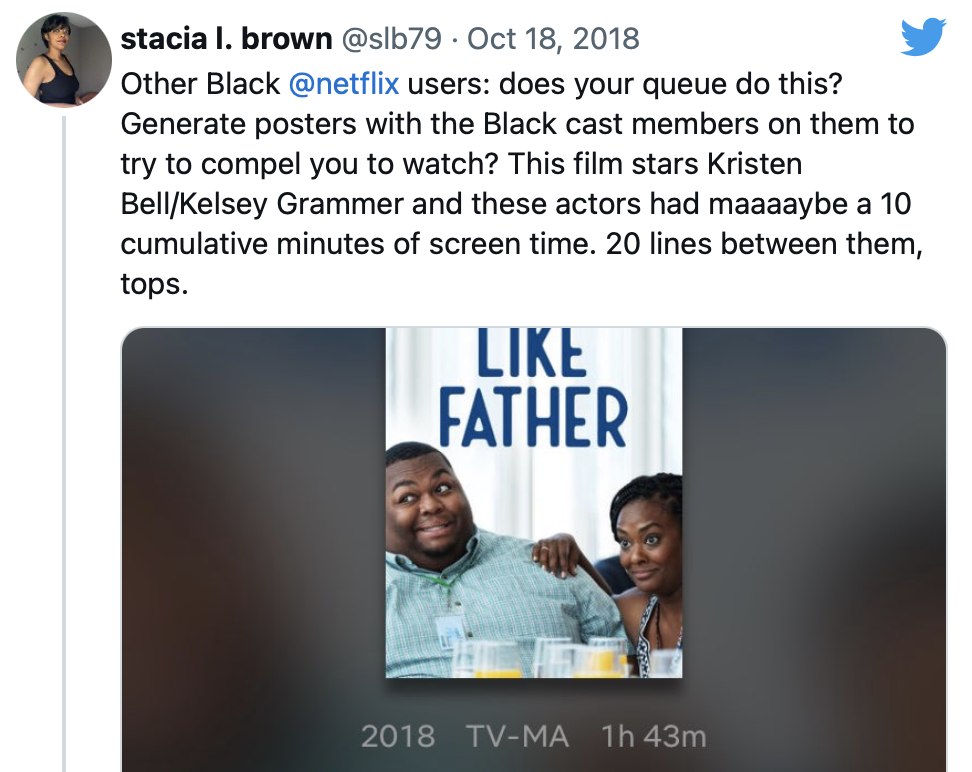 Image of a tweet by stacia l. brown (@slb79) October 18, 2018. "Other Black @netflix users: does your queue do this? Generate posters with the Black cast members on them to try to compel you to watch? This film stars Kristen Bell/Kelsey Grammer and these actors had maaaaybe a 10 cumulative minutes of screen time. 20 lines between them, tops." Below is Netflix's promo image of "Like Father", which depicts two Black actors.