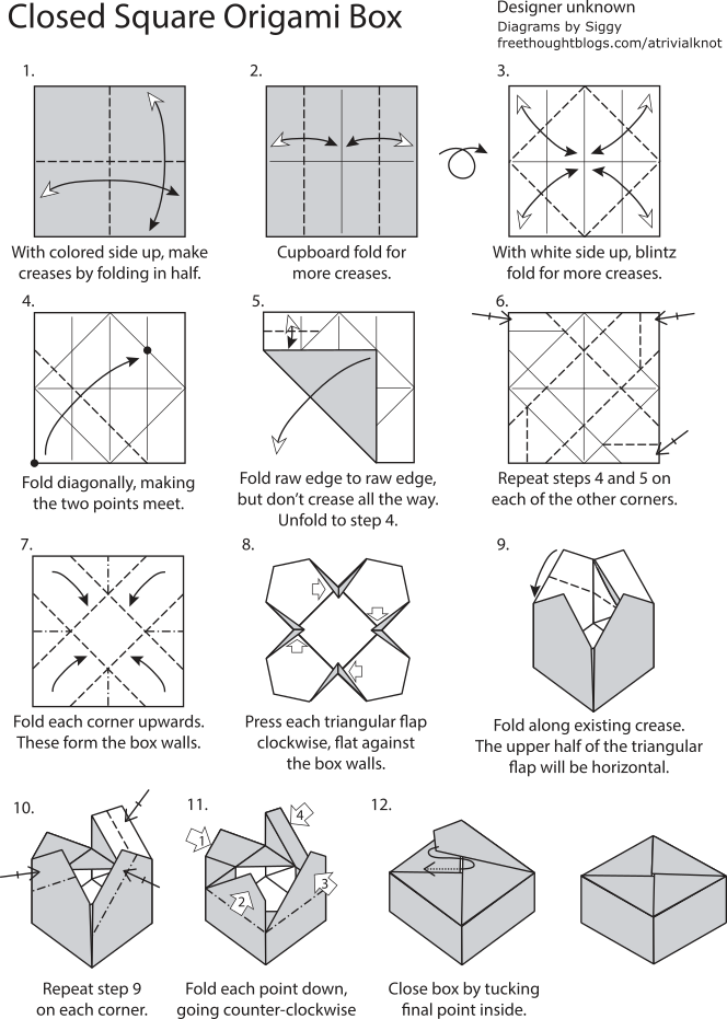 Closed square origami box diagrams