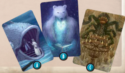 Example visions: two people climbing into a fish's mouth; a polar bear and spirit owl read a book; a chandelier hanging from strings from a tarantula's mouth