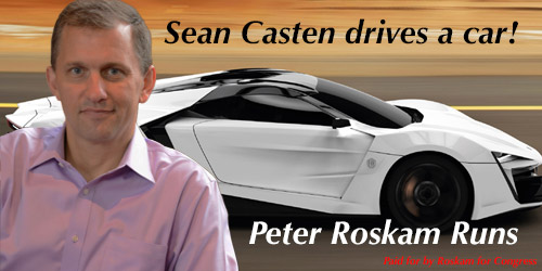 Picture of congressional candidate Sean Casten with a sports car in the background. The text says "Sean Casten drives a car! Peter Roskam runs. Paid for by Roskam for Congress"