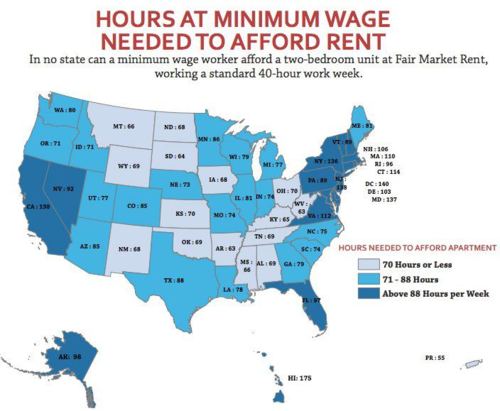A map of the USA, coloured by the number of hours you have to work minimum wage to earn a living