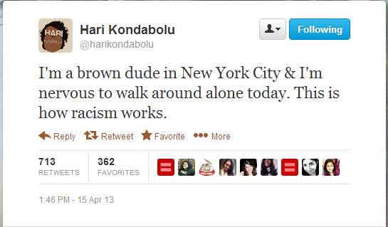 I'm a brown dude in New York City & I'm nervous to walk around alone today. This is how racism works.