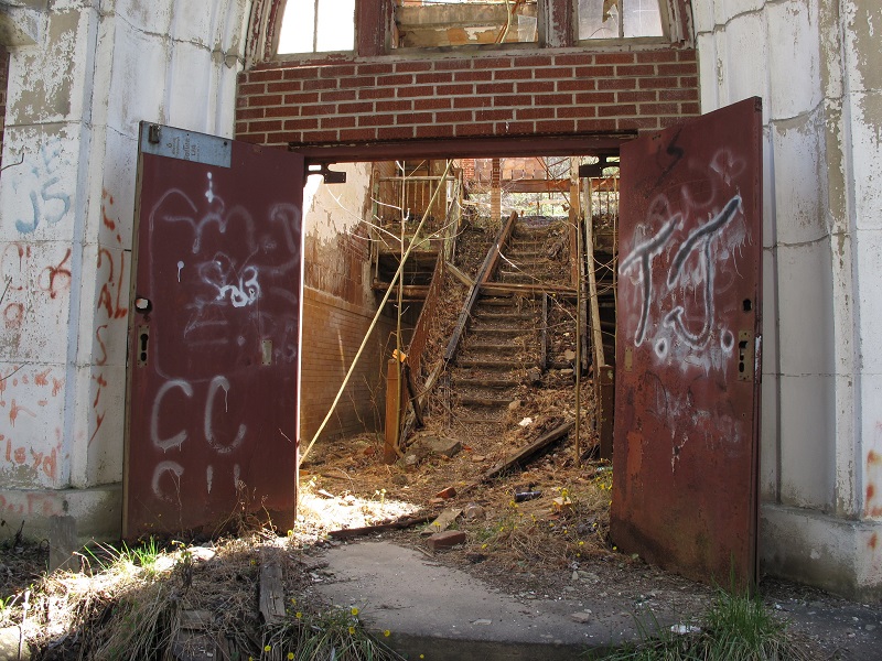 The abandoned, crumbling Coalwood High School in West Virginia