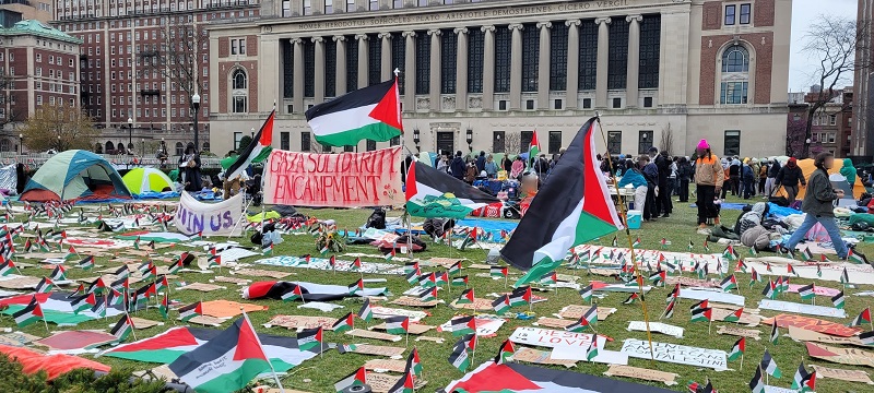 The Columbia University lawn strewn with Palestinian flags and protest signs