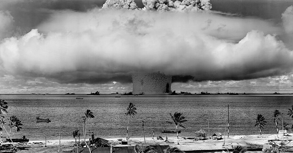 A mushroom cloud on a tropical island