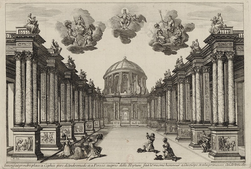 Set design from the play "Andromède" - the gods show up to decree an ending