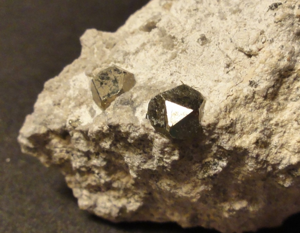 Image shows twelve-sided crystals of pyrite embedded in a chalky, off-white rock. One of the triangular faces is gleaming in the light, showing the shapes that create these awesome little pyrite balls.