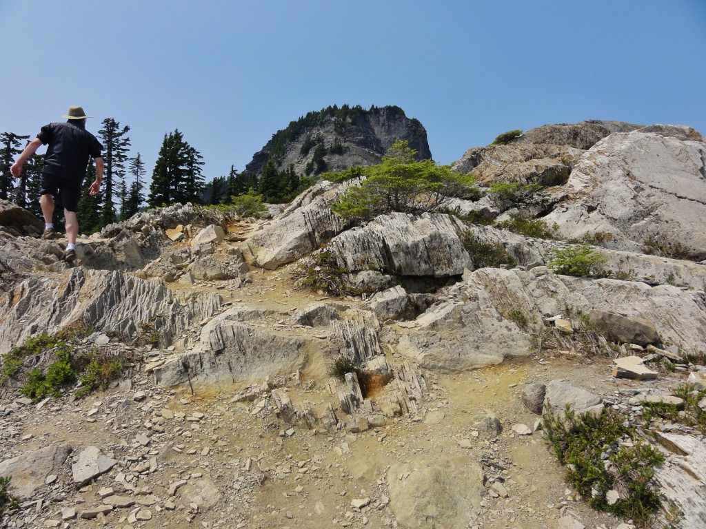 Image shows a tan and gray ridge of dirt and rock. The rocks are plates of andesite sticking up vertically. B is at the left, stepping to the top of the ridge. Beyond, the summit of Table Mountain pokes up, a flat-topped column of rock.