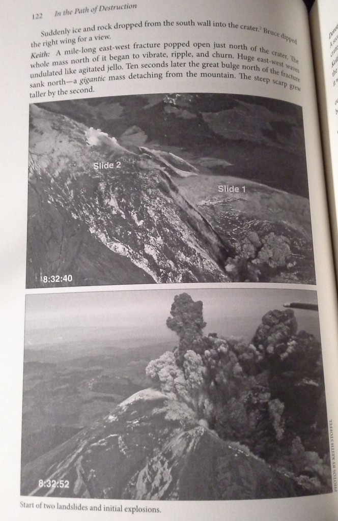 Images from a page of ITPOD. First shows the landslide at the summit, with a considerable scarp left by the first hunk of slide, and slide 2 just beginning. The second photo, taken just over a minute later, shows the eruption cloud growing from the hole left behind. It is a mix of dark and pale grays.
