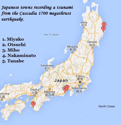 Image shows a map of Japan with the locations of several coastal cities marked. 