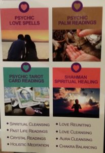 Flier listing various services offered by a psychic