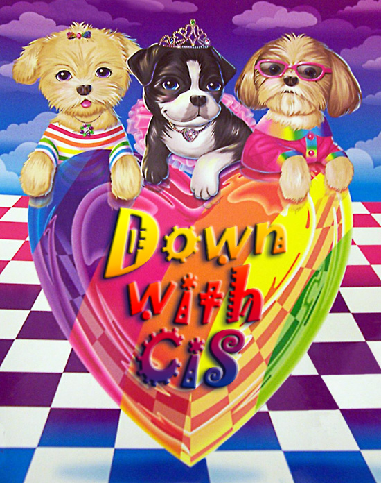 Lida Frank art of three puppies with cute accessories over a rainbow heart, text added reads 