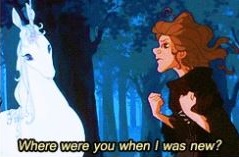 Screencap of the scene from 'The Last Unicorn' where grizzled, cynical Molly Grue meets the Unicorn for the first time. She says, "Where were you when I was new?"