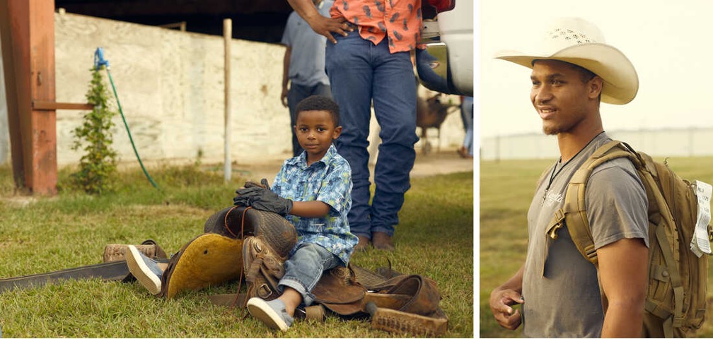 2 photos: young Black child sitting on a saddle (on the ground); and young Black in cowboy hat and backpack, looking in the distance and smiling.