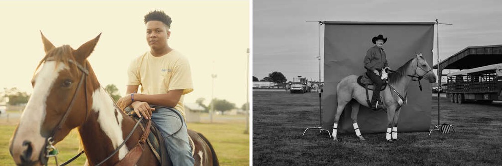2 photos: left, young Black man (or teen?) sits atop a brown and white horse in a wide outdoor field; right, an elderly man in a cowboy hat sits atop a pale horse standing in front of a photo scrim as if for a portrait.