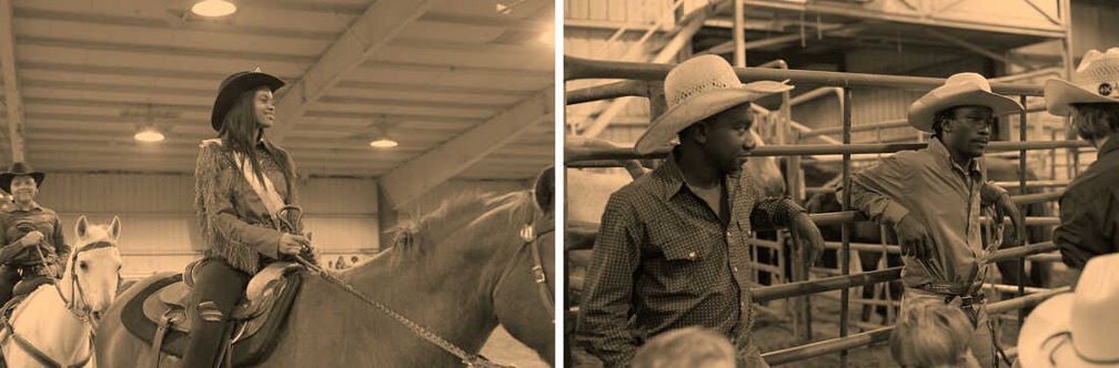 2 photos: left, a smiling Black woman in a black cowboy hat and fringe suede jacket rides a brown horse in an indoor arena; right, Black men in white hats stand against steel bars. 