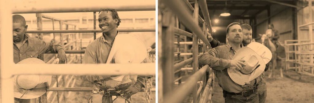 2 photos: left, sepia tinted photo of two Black men in an outdoor corral, smiling; right, black & white photo of two white men holding white cowboy hats in a horse barn leaning on the metal bars of a corral. 