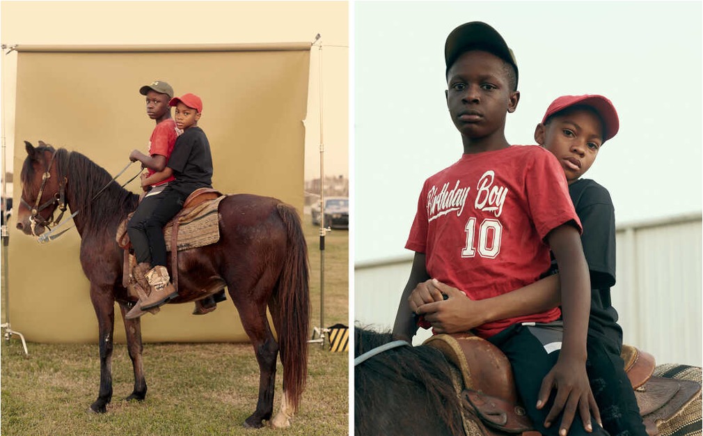 2 photos: left, two young Black boys in baseball caps sit atop a brown horse in front of a photo scrim, as if for a portrait; right, the same two young Black boys at a closer view with sky and fence in the nackground.