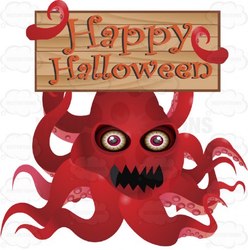 A Red Angry Squid-Like Creature Monster Holds Up A Wooden Board In Its Tentacles With "Happy Halloween" Written In Orange On it