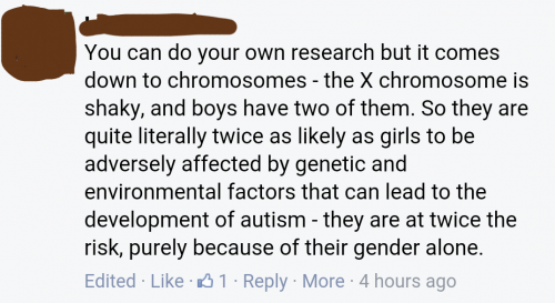 You can do your own research but it comes down to chromosomes -- the X chromosome is shaky, and boys have two of them. So they are quite literally twice as likely as girls to be adversely affected by genetic and environmental factors that can lead to the development of autism -- they are at twice the risk, purely because of their gender alone.
