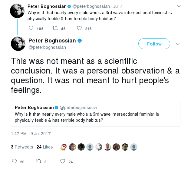 BOGHOSSIAN: "This was not meant as a scientific conclusion. It was a personal observation & a question. It was not meant to hurt people’s feelings."