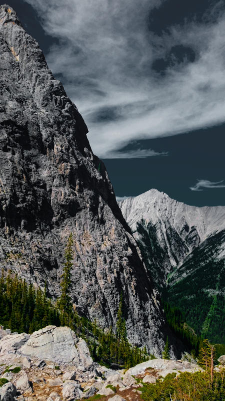 The cliffs of Mount Louis, with Mount Brewster in the background, from the bottom of Gargoyle Valley.