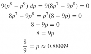 The MLE estimate for the eight-legit-one-fake scenario: p = 8/9