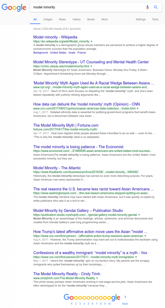 Searching for just "model minority" on Google.