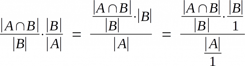 |A ∩ B| / |B| * |B| / |A| = (|A ∩ B| / |B| * |B|) / |A| = ((|A ∩ B| / |B|) * (|B|/1)) / (|A|/1)