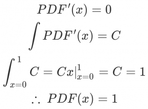 PDF'(x) = 0\\ \int PDF'(x) = C\\ \int_{x=0}^1 C = \left. Cx \right|_{x=0}^1 = C = 1\\ \therefore ~ PDF(x) = 1