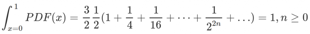 \int_{x=0}^1PDF(x) = \frac 3 2 \frac 1 2 (1 + \frac 1 4 + \frac{1}{16} + \dots + \frac{1}{2^{2n}}+ \dots) = 1, n \geq 0