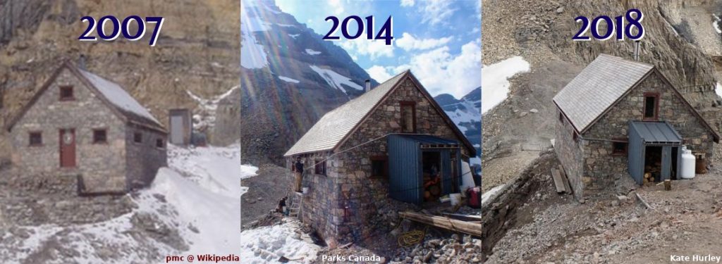 Comparing the Abbot Pass Hut from 2007 to 2018. Photos by pmc @ Wikipedia, Parks Canada, and Kate Hurley.