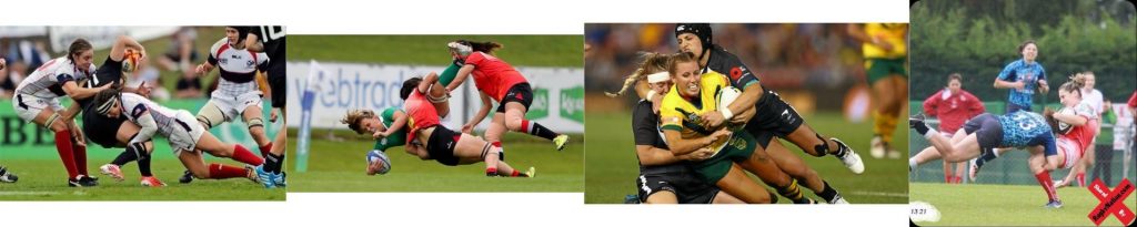 A small montage of women rugby players tackling each other. Credits at the bottom.