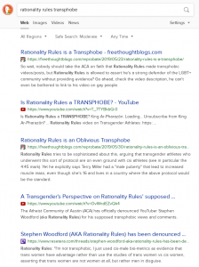 The top five search results for "rationality rules transphobe" on DuckDuckGo (Google) as of June 16th, 2019