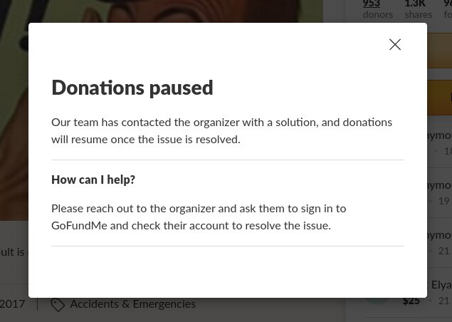 When you click on the "Donate" button on the GoFundMe, you get a "Donations Paused" message.