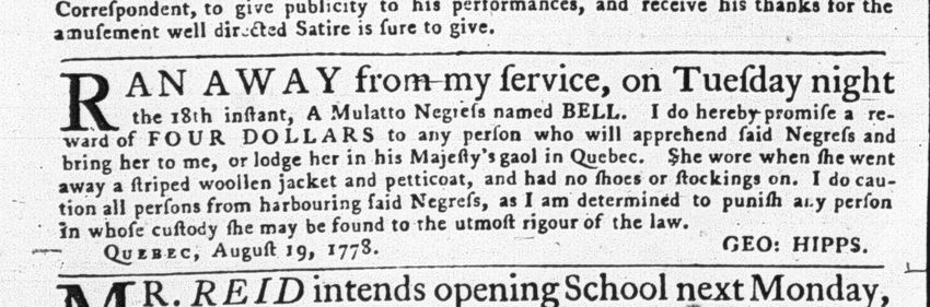 A notice of a runaway slave, placed in the Montreal Gazette.
