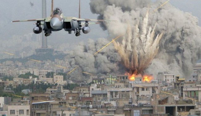 F-15 dropping bombs on a town in Syria